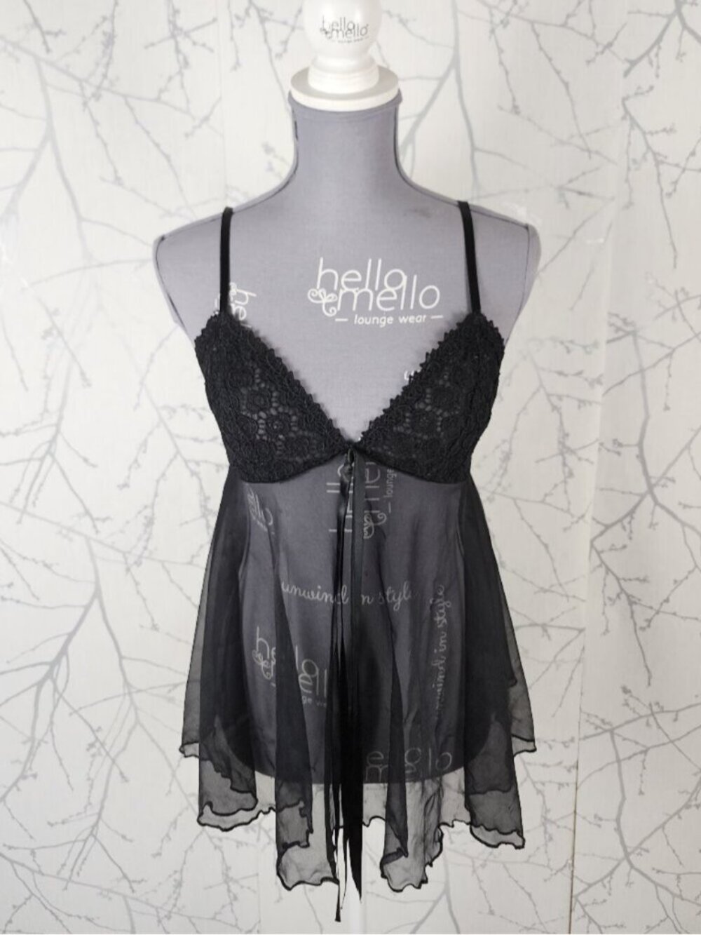 La Vie En Rose VTG Black Sheer Lace Mesh Strappy Babydoll Cami